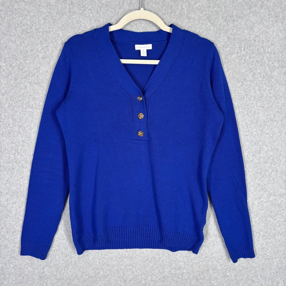 Charter Club Henley Sweater Medium Button Neck Preppy Old Money Tennis Prep Glam